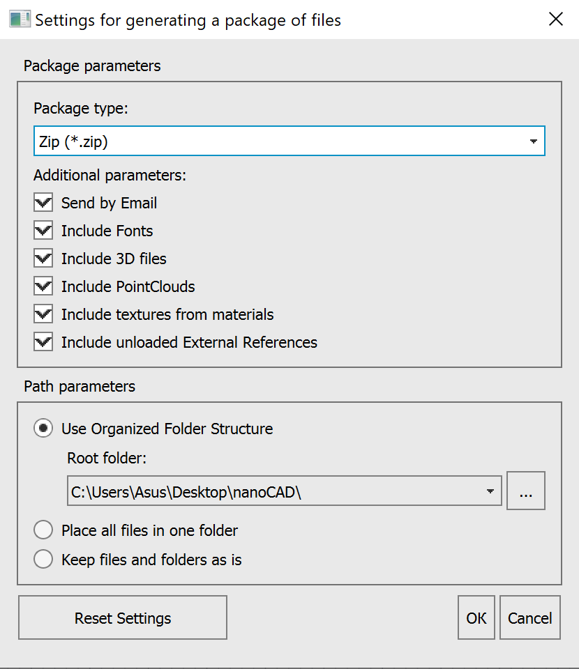 The command is supplemented with the following settings:• setting the root folder to form an organized folder structure;• inclusion of textures created and/or used in the drawing in the file package;• inclusion of point cloud in the file package;• inclusion of unloaded external references in the file package.